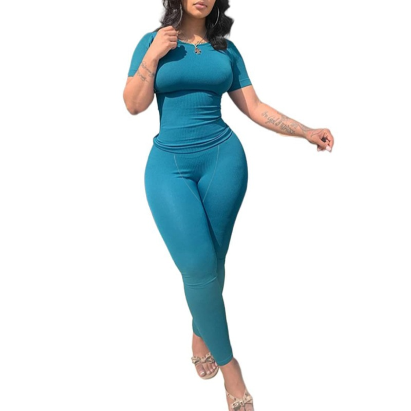 Slim‑Fit Two‑Piece Casual Suit – Short Sleeve Top & High‑Waist Pants