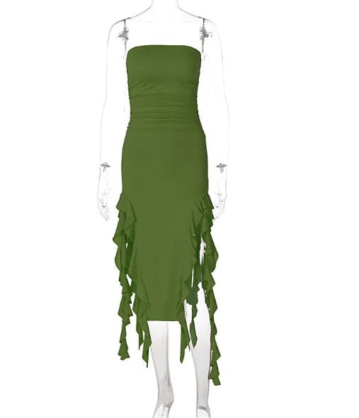 Split Maxi Bodycon Dress – Elegant Strapless Silhouette