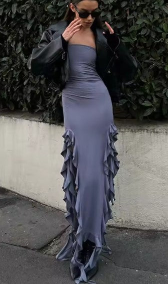 Split Maxi Bodycon Dress – Elegant Strapless Silhouette