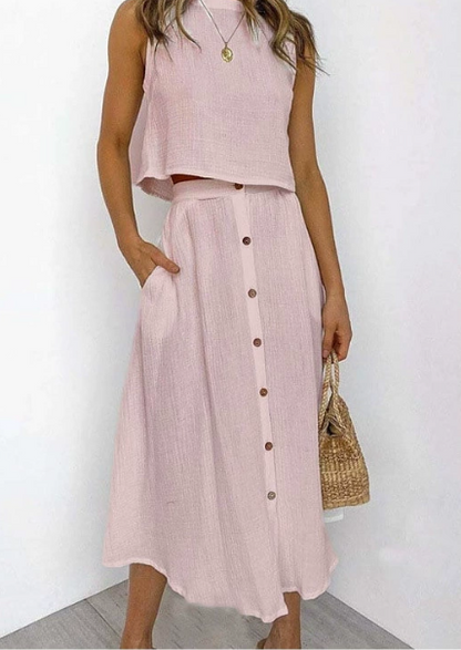Solid Color Vest & Long Skirt Set – Elegant Two‑Piece Outfit