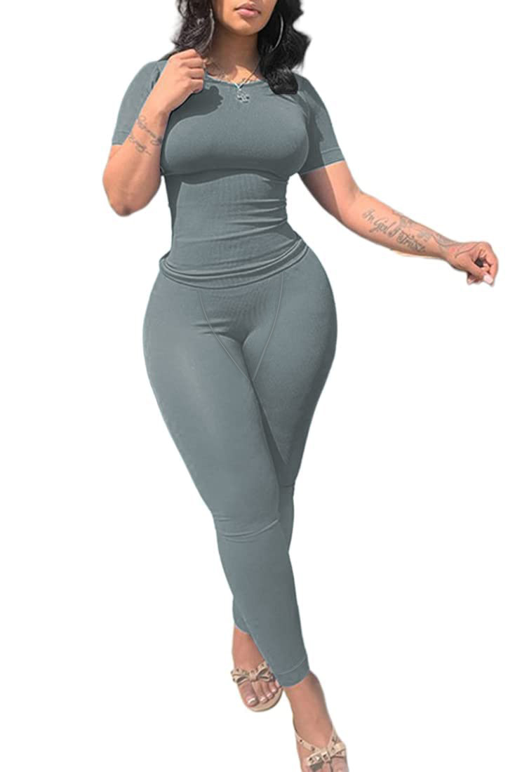 Slim‑Fit Two‑Piece Casual Suit – Short Sleeve Top & High‑Waist Pants