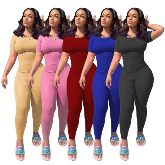 Slim‑Fit Two‑Piece Casual Suit – Short Sleeve Top & High‑Waist Pants