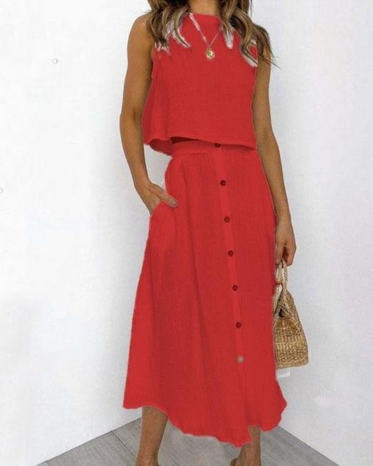 Solid Color Vest & Long Skirt Set – Elegant Two‑Piece Outfit