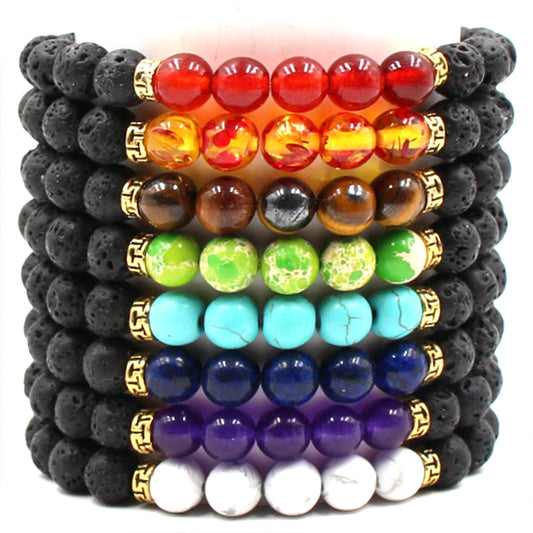 Five‑Stone Chakra Bracelet – Volcanic Lava Yoga Beads