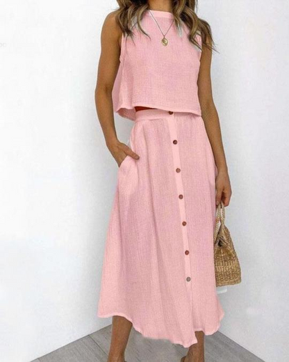 Solid Color Vest & Long Skirt Set – Elegant Two‑Piece Outfit