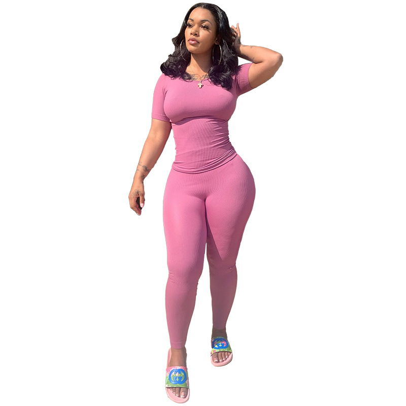 Slim‑Fit Two‑Piece Casual Suit – Short Sleeve Top & High‑Waist Pants