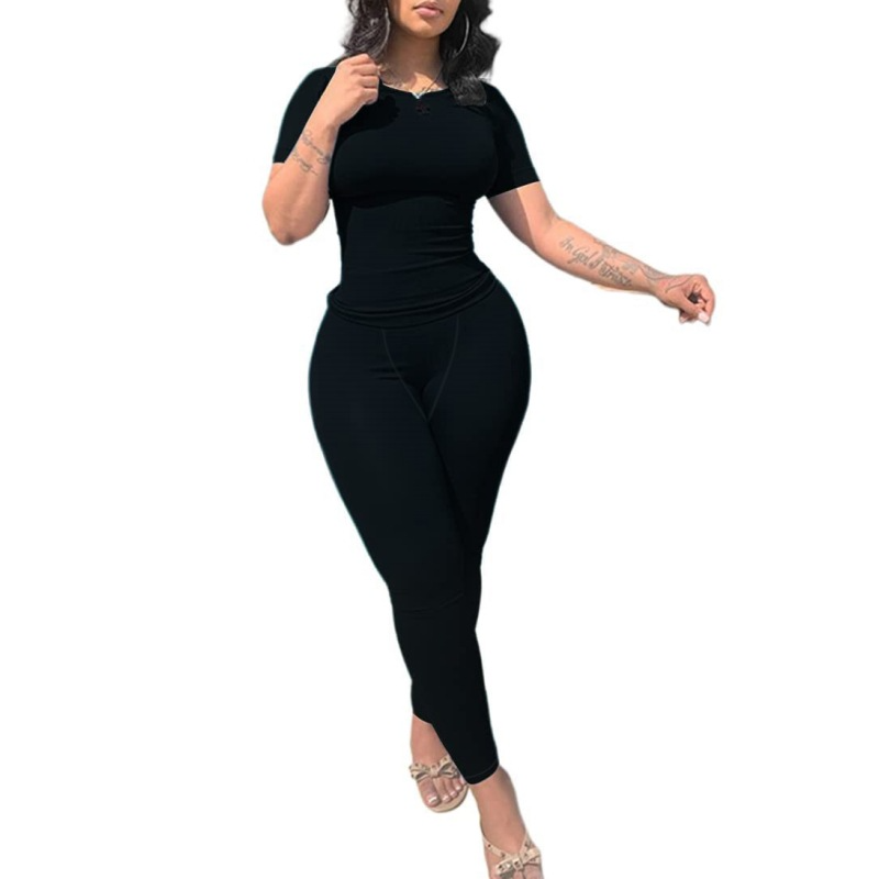Slim‑Fit Two‑Piece Casual Suit – Short Sleeve Top & High‑Waist Pants