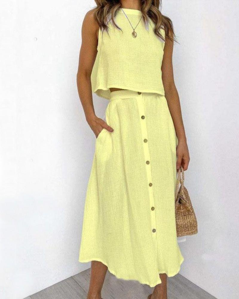 Solid Color Vest & Long Skirt Set – Elegant Two‑Piece Outfit