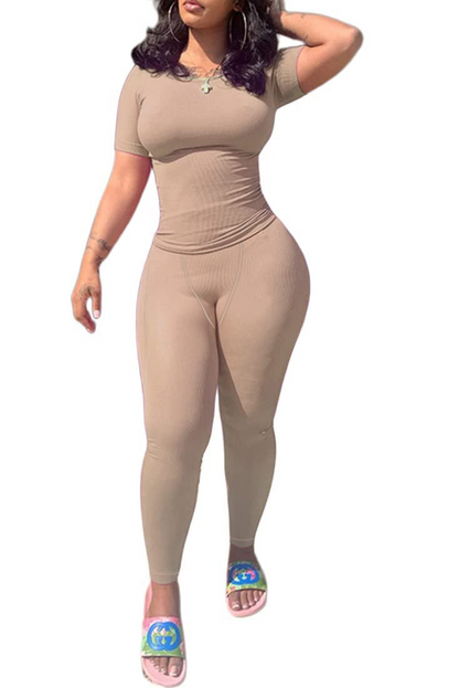 Slim‑Fit Two‑Piece Casual Suit – Short Sleeve Top & High‑Waist Pants